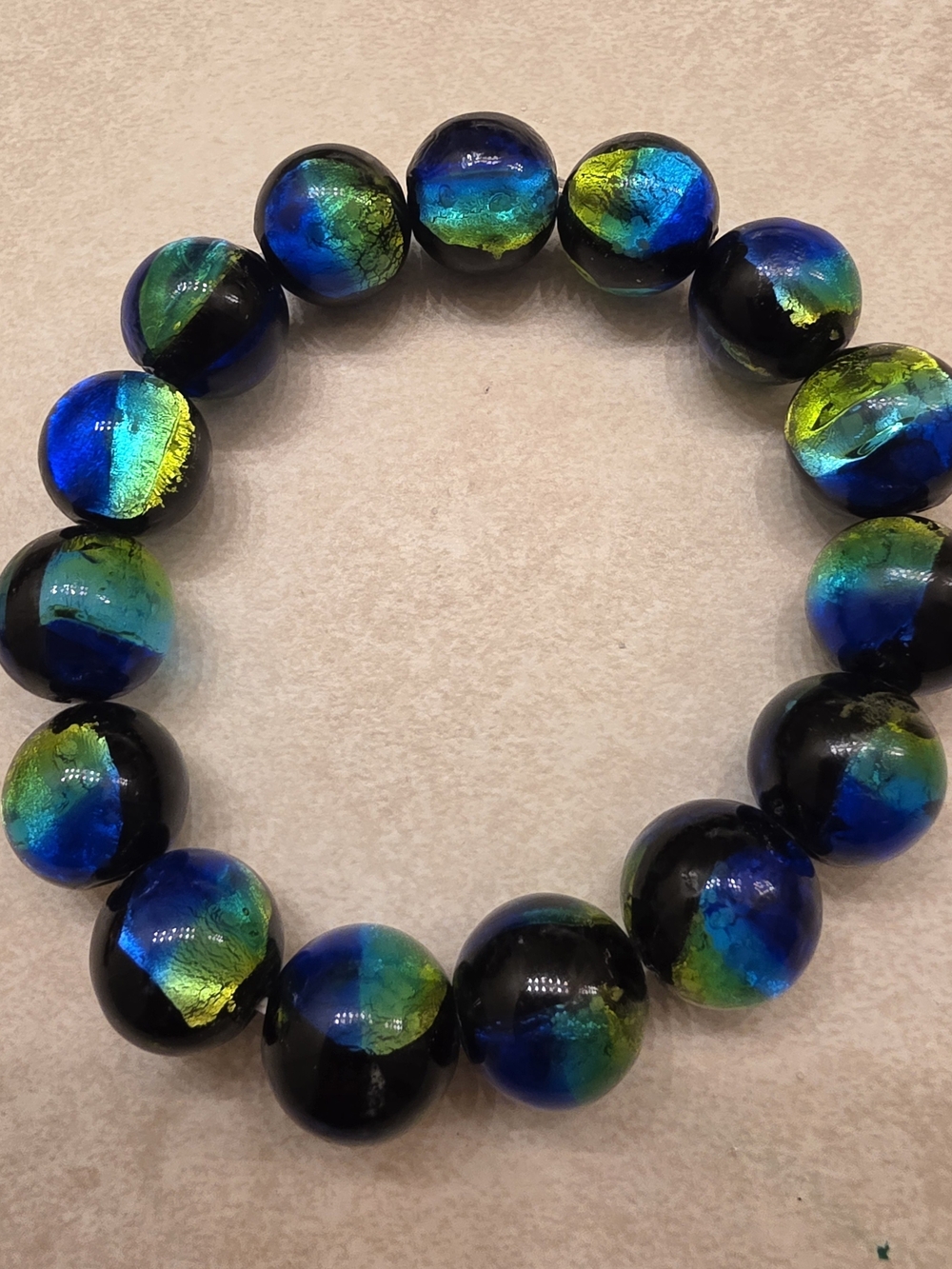 Artisan Black Glass Bead Bracelet with Iridescent Blue-Green Accents